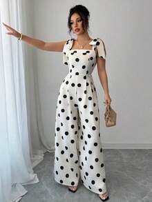 Mono con hombros con lazo, estampado de lunares, volantes, elegante y vintage, para mujeres, ideal para festivales de música, vacaciones y uso diario - Blanco y Negro - Ver 4