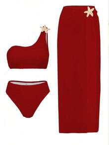Swim Oasis Conjunto de bikini con top de un solo hombro de onda sólida con acento de estrella de mar de metal, pantalones de talle alto y falda con acento de estrella de mar de malla, perfecto para la playa y las vacaciones - Rojo - Ver 5