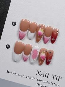 10pcs Medium Length Almond-Shaped Pure Handmade Wearable Nails (Including Manicure Tools Set), Gentle Nude Pink With 3D Peach Decor, Pink Ombre & Rhinestone Accents, Glossy False Nails Manicure Set, Suitable For Women & Girls For Daily Wear And Parties - Follow Your Heart - View 2