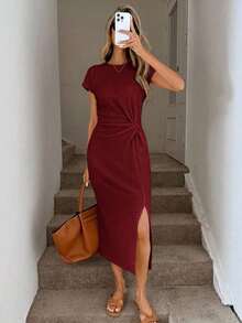 Vestido midi casual de mujer con estampado de lunares, cintura retorcida y abertura alta sin mangas; Vestido ajustado texturizado casual de mujer; Conjunto de fitness de mujer; Vestido de invitada de boda de mujer; Atuendo de oficina de mujer - Burdeos - Ver 1
