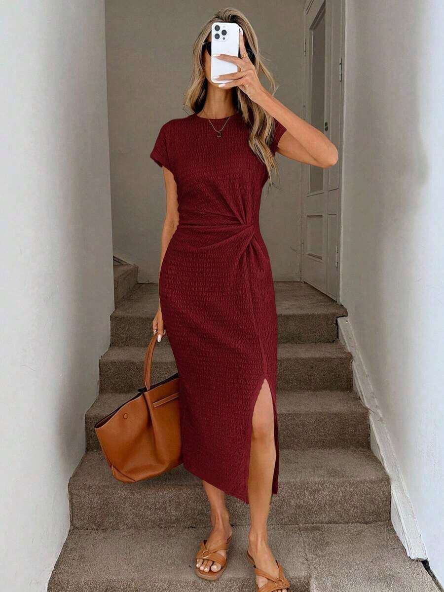 Vestido midi casual de mujer con estampado de lunares, cintura retorcida y abertura alta sin mangas; Vestido ajustado texturizado casual de mujer; Conjunto de fitness de mujer; Vestido de invitada de boda de mujer; Atuendo de oficina de mujer - Burdeos - Ver 1