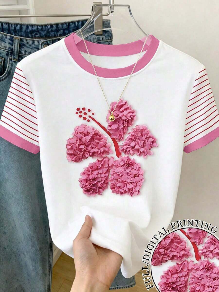 Camiseta de mujer de manga corta con cuello redondo, bloque de color, bordado de corazón a rayas y versátil - Multicolor - Ver 1
