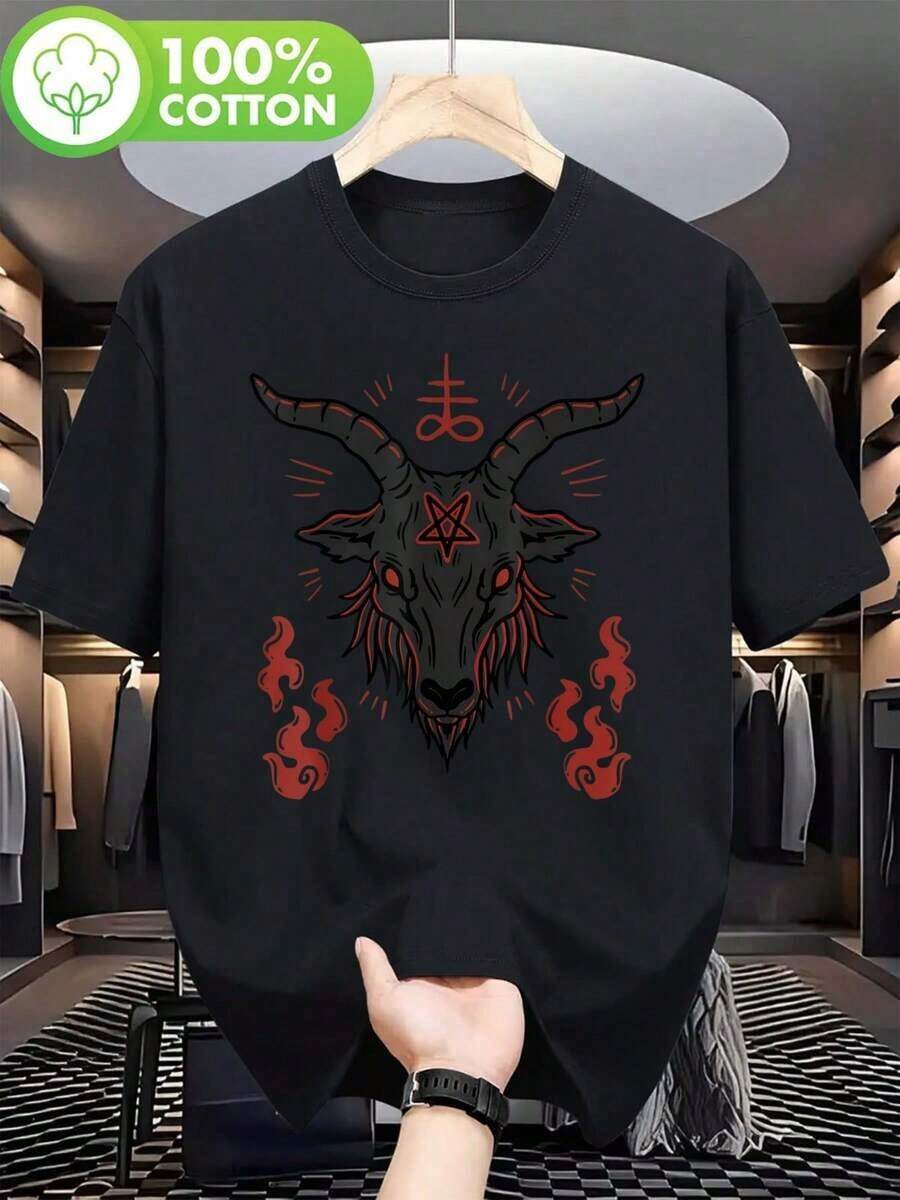 Camiseta Gótica Oculta de Baphomet y Satán - Negra con detalles rojos - Corte regular para adultos, camiseta gráfica para heavy metal, Halloween o ropa satanista - Lavable a máquina, no transparente, decoración demoníaca, atuendo de Halloween, camiseta de temática oculta. - Negro - Ver 1