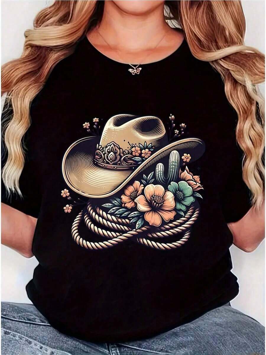Camiseta de Mujer Retro con Estampado de Sombrero de Vaquero Floral - Camiseta Negra Estilo Occidental con Detalles de Cactus y Cuerda, Tejido Suave y Transpirable, Corte Cómodo de Manga Corta y Cuello Redondo, Lavable aáquina, Camiseta Casual de Verano woman Todo tipo de impresiones, chaqueta, camiseta de cuello redondo, casual, para oficina, para viajar, muy popular, viento deportivo, estampado/patrón, camiseta de algodón 100%, camiseta casual, cómoda, suave, transpirable The latest popular bestseller - Negro - Ver 1