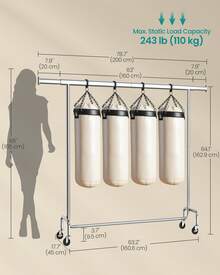SONGMICS Clothes Rack With Wheels, Heavy-Duty Garment Rack With Extendable Hanging Rod, 243 Lb Load Capacity, 17.7 X (63-78.7) X 64.1 Inches - 銀色 - 查看 6