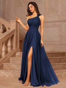 Vestido formal largo para dama de honor, invitada de boda, evento, verano, San Valentín, cumpleaños, con cuello cruzado asimétrico de un hombro, espalda descubierta, falda de tul en línea A, vestidos de mujer para otoño, regreso a clases, fiesta de bienvenida, cumpleaños, primavera elegante - Azul marino - Ver 4