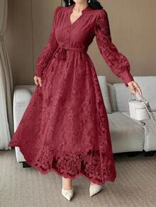 Vestido de media longitud con cinturón y cuello de encaje elegante para mujer, vestido de verano/primavera - Burdeos - Ver 3