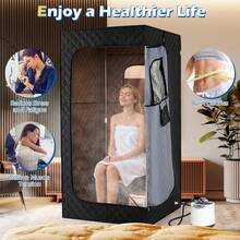 GOFLAME Large Steam Sauna Box 88 X 88 X 180 CM Sauna Tent With 3L Fast-Heat Steamer 15-Level Temperature Home Spa With Remote Control Foldable Chair & Mat - 黑色 - 查看 3