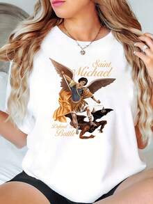 Women's T-Shirt With White Print And Inspirational Design Featuring , A Symbol Of Justice Over Evil. This Short-Sleeved, Crew-Neck White Cotton T-Shirt Is Suitable For All Four Seasons And Is Ideal For Birthdays, Holidays, Casual Wear, And Everyday Use. It Features A Christian Message Print And Is Made Of Soft, Breathable Pure Cotton. Perfect For Everyday Wear Or Church, It Makes A Great Gift For Believers. The T-Shirt Includes A Bible Verse Print And A Commemorative Design Of Jesus. It Is A Limited Edition For Religious Festivals. - 白色 - 查看 7
