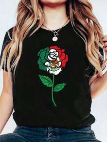 Solt 1pscPlayera algodón suave para mujerCamisetas con estampado gráfico de la bandera mexicana y rosas, camiseta deportiva de manga corta y cuello redondo para mujer, estilo casual y a la moda, 100% algodón, para primavera/verano.100%cotton graphic - Negro - Ver 6