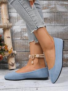 Women's Suede Flat Shoes, Solid Color Pointed Toe Low Heel Slip-On Boat Shoes, Candy Color Round Toe Cloth Shoes, Versatile Flat Loafers - Baby Blue - View 6