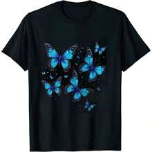Solt Vintage T-Shirt With Blue Morpho Butterfly Swarm Print, For Lepidoptera Lovers And Entomologists. Suitable For Year-Round Wear, This Short-Sleeved, Crew-Neck T-Shirt Features A Single-Sided Print And Is Made Of Pure Cotton. A Fun And Stylish Graphic Design For Women. - 黑色9 - 查看 7