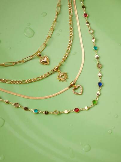 Trivaya 4pcs Y-Shaped Necklace Set - Elegant, Vintage Geometric Heart, Colorful Crystal, Sun Burst, Snake Chain, Minimalist, Tassel Pendant Necklaces, Fashion, Chic, Sophisticated, Retro Design, Suitable For Holiday, Party, Date, Gift, Daily Wear