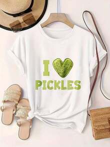 Camiseta Casual de Mujer con Diseño de Corazón "I Love Pickles" Estilo Vintage, Adecuada para Todas las Temporadas  
 BlackFashion - Blanco - Ver 2