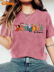 Women'S Disney Short Sleeve Crew Neck T-Shirt, Vintage Cartoon Chessboard Watercolor Print, Double-Sided Minnie Mouse Design, Casual Everyday Summer Top, Breathable Comfort, Spring, Summer, Fall, Disney Travel, Fashionable Vintage Style, S-XXL - 磚紅色 - 查看 2