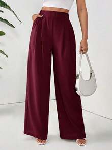 Pantalones básicos largos de mujer con pliegues plegados de unicolor y elegantes para el diario - Burdeos - Ver 6