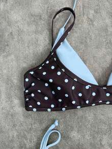 Conjunto de traje de baño para mujer 2026, parte superior de bikini con estampado de lunares y contraste de color tipo halter sexy con espalda descubierta, y Bottom tipo tanga, adecuado para el Día de San Valentín, la playa, resort, vacaciones al aire libre en verano - Caqui - Ver 9