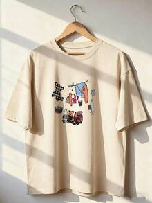 Cute And Childlike Short-Sleeve T-Shirt, Fashionable Short-Sleeve T-Shirt For Spring And Summer 2026, Made In Mexico, 180 Grams. Cartoon Print, Couple Design, Suitable For Indoor Or Outdoor Wear. Crew Neck, Unisex, Ideal For Office And Leisure. One-Pack. - APR-P631577SLNDXZGY491 - 查看 1