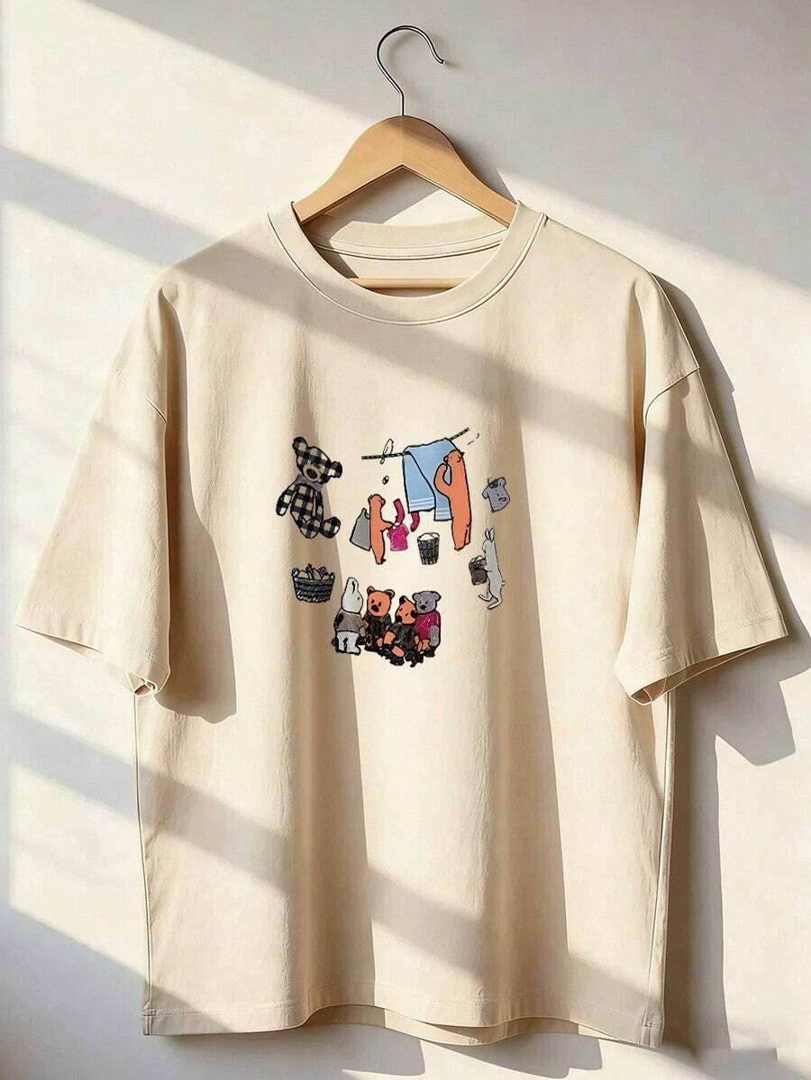 Cute And Childlike Short-Sleeve T-Shirt, Fashionable Short-Sleeve T-Shirt For Spring And Summer 2026, Made In Mexico, 180 Grams. Cartoon Print, Couple Design, Suitable For Indoor Or Outdoor Wear. Crew Neck, Unisex, Ideal For Office And Leisure. One-Pack. - APR-P631577SLNDXZGY491 - 查看 1