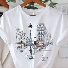 Women's T-Shirt With "C" Letter Print And Gold Text, Short Sleeve - White - View 1