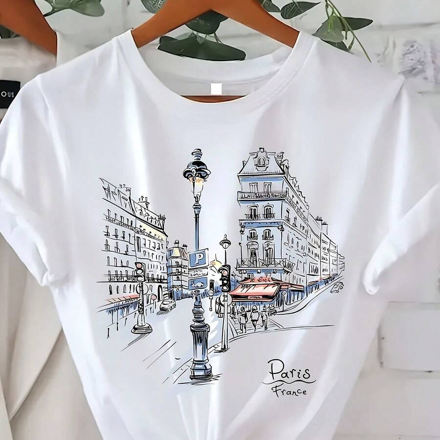 Women's T-Shirt With "C" Letter Print And Gold Text, Short Sleeve - White - View 1