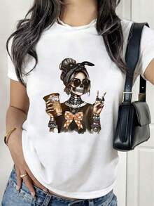 Playera nueva temporada primavera-verano para mujer, con estampado, manga corta y cuello redondo. Modelo básico, cómoda, fresca y ligera, estilo juvenil, moderno y casual. Diseño dulce y delicado, ideal para combinar en primavera y verano. - Blanco - Ver 1