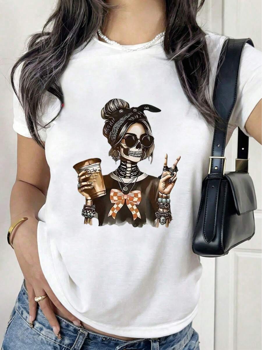 Playera nueva temporada primavera-verano para mujer, con estampado, manga corta y cuello redondo. Modelo básico, cómoda, fresca y ligera, estilo juvenil, moderno y casual. Diseño dulce y delicado, ideal para combinar en primavera y verano. - Blanco - Ver 1