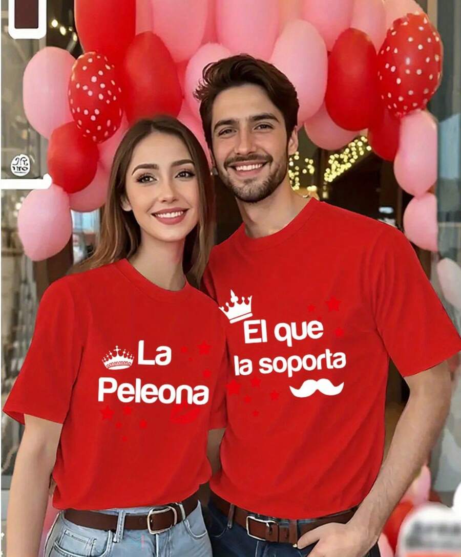 Camiseta de pareja con cuello estampado, top casual de manga corta para primavera y verano, ropa de mujer (se vende por separado para hombre y mujer) U9PT - Ropa roja para hombre - Ver 1