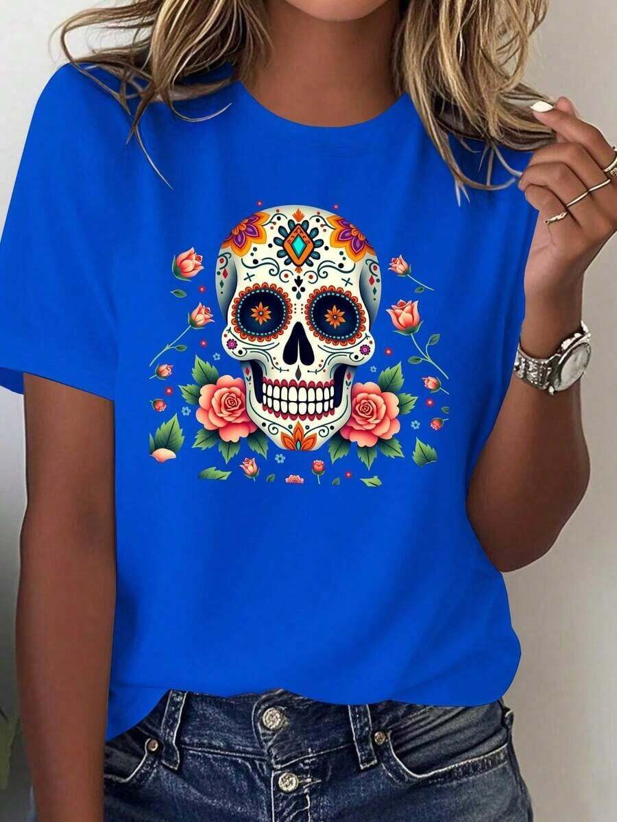 Women's T-shirt Camiseta Ligera para Mujer con Estampado de Calaveras Mexicanas y Flores - Diseño vibrante en azul para el Día de Muertos, ropa casual 100% cómoda y atuendo para fiestas del Día de Muertos, lavable a máquina para usar en todas las estaciones, patrones geométricos coloridos con exquisitos diseños de calaveras de azúcar y flores, corte holgado e informal, tela de algodón puro suave y transpirable, adecuada para ocasiones festivas y salidas cotidianas. Tops de mujer Camiseta estampada para mujer Camiseta de mujer Camiseta de mujer Camiseta de mujer Camiseta de mujer Camiseta divertida para mujer Camiseta estampada para mujer Camisas y blusas de mujer Camisa casual para mujer Camiseta de mujer Camiseta casual para mujer Tops de mujer Camiseta estampada para mujer Camiseta holgada para mujer Blusas únicas para mujer Camiseta estampada para mujer Camiseta de mujer Camiseta de mujer Camiseta de verano para mujer 100% Productos de algodón más vendidos Gothic style - Azul - Ver 1