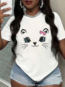 Soft 100% Cotton T-Shirt, Women's Short Sleeve White Casual T-Shirt, Round Neck, Regular Length, Cat Print, Breathable Cotton T-Shirt, Goes With Everything, Great. - 白色 - 查看 3