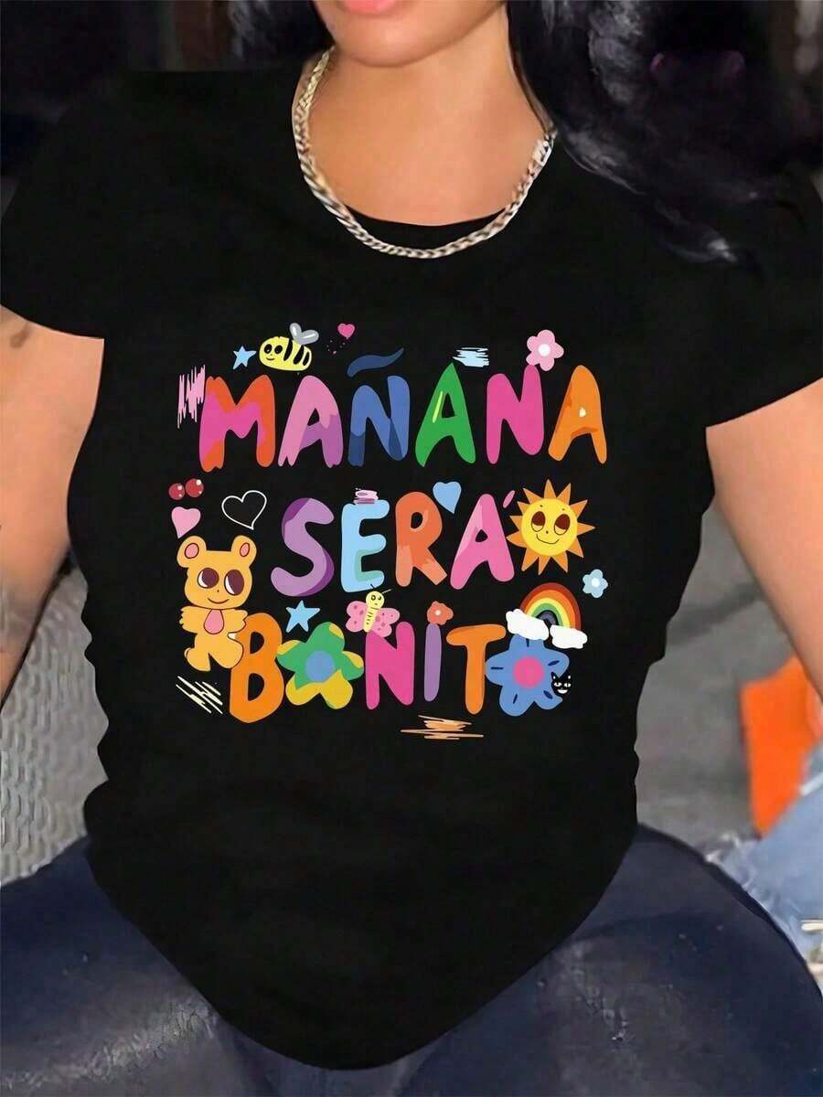 Camiseta de manga corta para mujer | Enviado desde México | Tela transpirable de alta calidad | Camiseta holgada de manga corta para mujer, estampada en blanco y negro. Texto colorido con gráficos adorables. Top casual deportivo de cuello redondo. - Negro - Ver 1