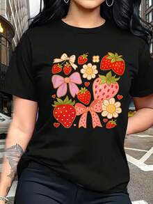 Camiseta Casual Estampada de Talla Grande para Mujer 2026, Camisetas de Cuello Redondo para Mujer, Blusas Casuales para Damas con Estampados de Rosas, Fresas, Flores y Corazones, Blusas Casuales Estampadas de Manga Corta para Mujer, Blusas Rojas para Mujer, Blusas Gráficas para Mujer. Camiseta estampada adecuada para uso diario, actividades al aire libre, ocasiones casuales y festivas. - Camiseta unisex de estilo callejero vintage, de algodón, manga corta y cuello redondo. Blusas para mujer. blusas.blusas casuales para dama. - Negro - Ver 7
