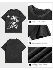 Washed - Camiseta de manga corta de algodón lavado al ácido con diseño de carreras para hombre, estilo vintage, holgada, estilo urbano, para verano. - Negro - Ver 6