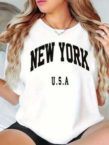 Versatile Short-Sleeved T-Shirt In A Casual Style For Summer, Cute And Casual, With Arched Text Graphic, Eye-Catching And Thick 3D Letter Emblem, Casual Round Neck, Made Of Cotton, Soft, Lightweight, Breathable, For Everyday Wear, For Urban Sports Fans, Summer T-Shirt. - 白色 - 查看 7