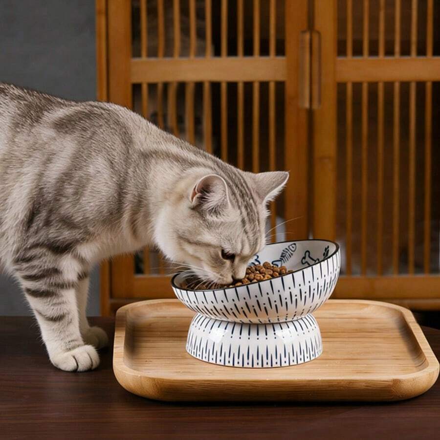 国丰蓝瓷猫碗 - 高脚陶瓷猫粮碗,宽底设计防止猫咪下巴发黑,斜口设计 - 宠物猫粮碗。也可用于小型犬零食碗。卫生易清洗。 - 230ml - 查看 1