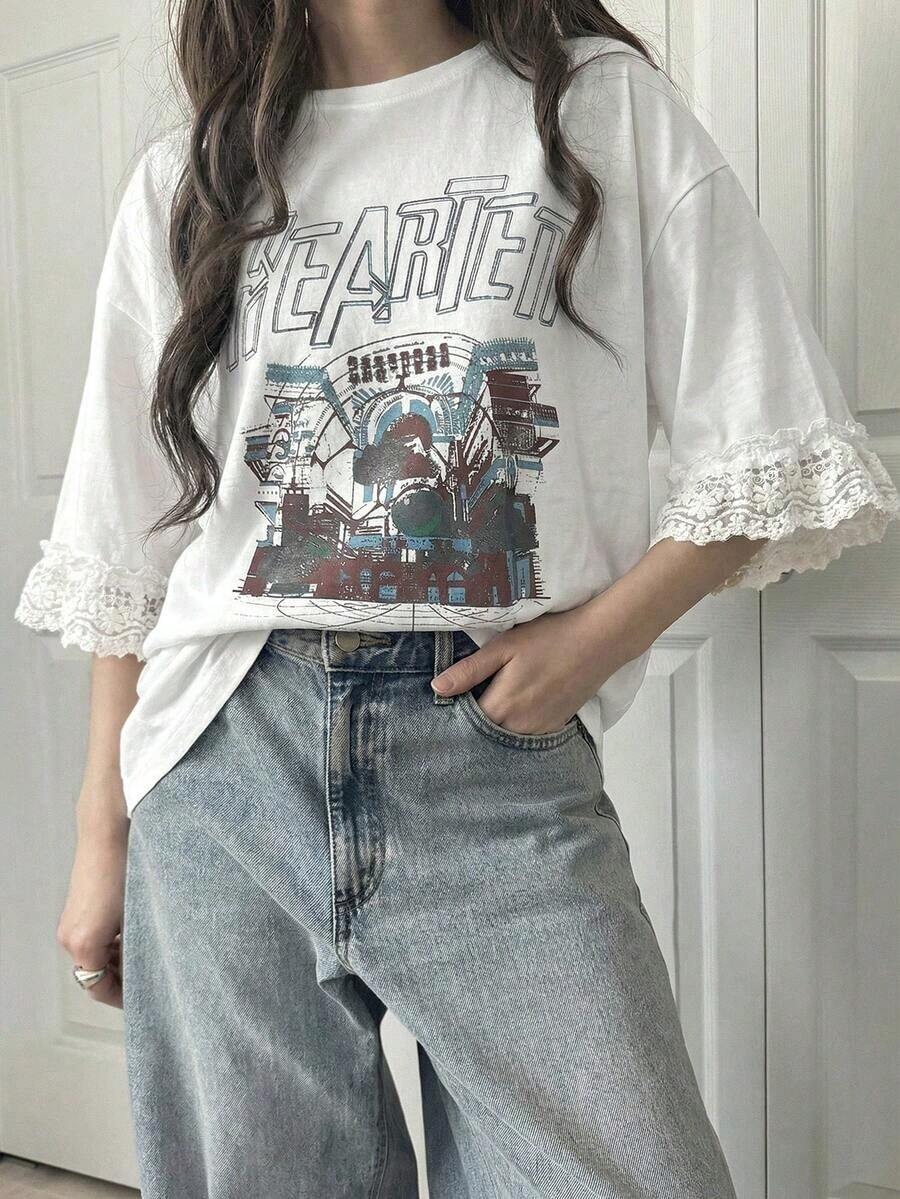 Camiseta de manga corta para mujer con ajuste holgado, estampado de letras, parches de encaje, de mezcla de algodón transpirable, versátil para primavera/verano - Blanco 2 - Ver 1