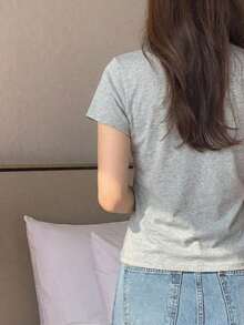 Camiseta básica de mujer de cuello redondo de unicolor de manga corta, blanca, para primavera/verano, de estilo casual de oficina - Gris Claro - Ver 2