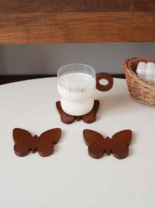 6pcs Butterfly Wooden Coaster Set: Natural Wood Butterfly-Shaped Coasters With A Black Metal Storage Rack. - Multicolor - View 12