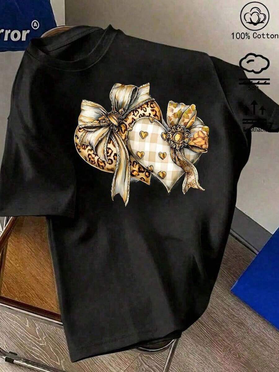 Playera Blanca de Mujer con Gráfico de Corazón de Leopardo y Letras LOVE, Camiseta de Estilo Boho Retro Aesthetic Manga Corta, Top Romántico Moderno, Blusa Casual de Moda EGNC - Negro - Ver 1