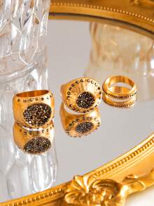 3pcs/Set Chunky Gold-Plated Seal Ring Set, Black Pave Crystal Personalized Stackable Rings, Vintage Textured Geometric Design Women's Daily Wear Jewelry - Gold - View 6