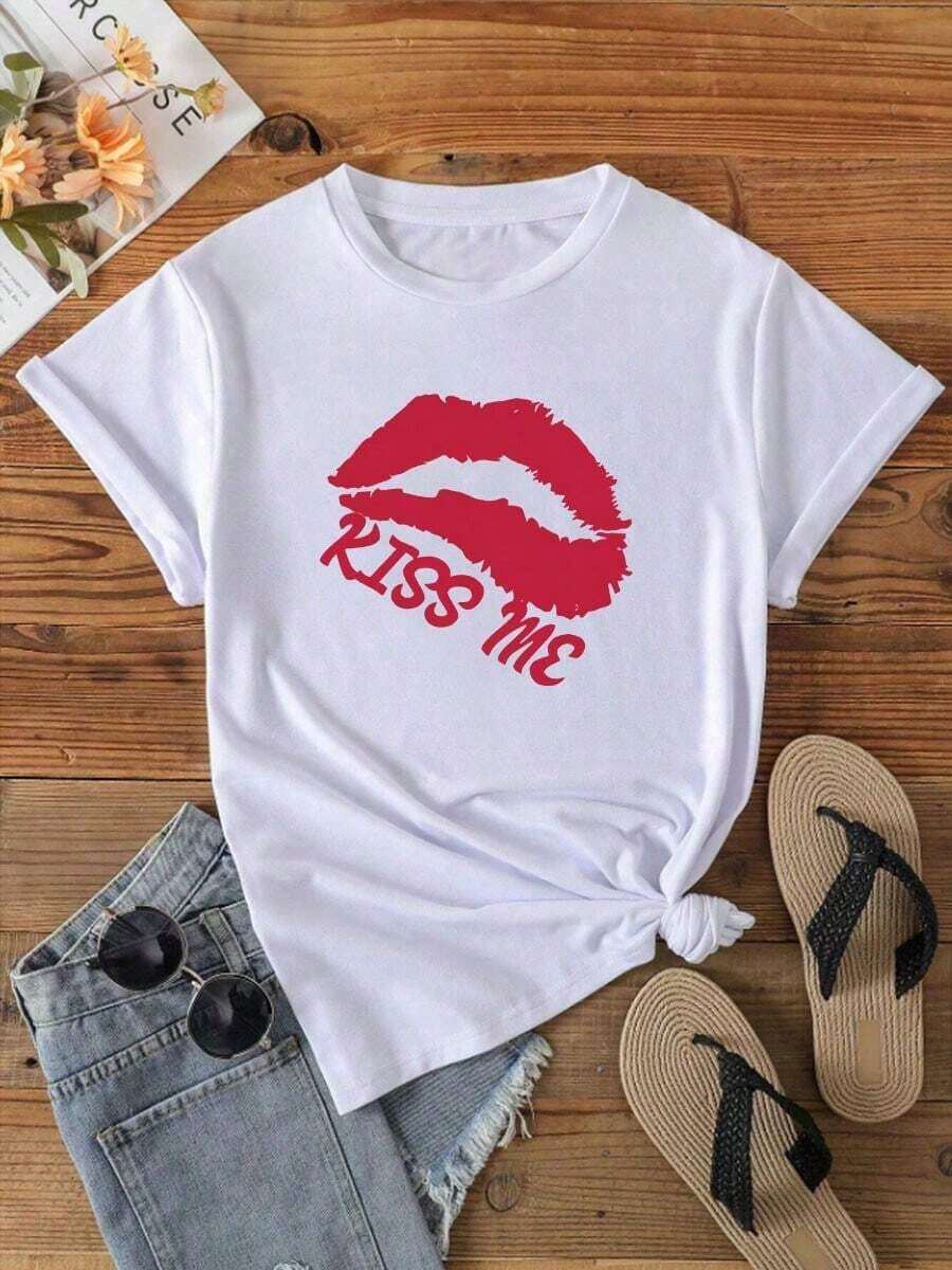 Camiseta de mujer de cuello redondo y manga corta con estampado de labios rojos, suave y cómoda a un precio asequiblePure-Cotton - Blanco - Ver 1