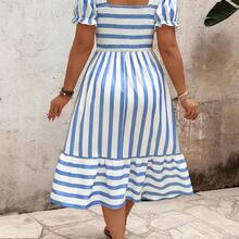 Clasi Elegant Pattern Plus Size Women Long Dress, Spring/Summer - Azul y blanco - Ver 3