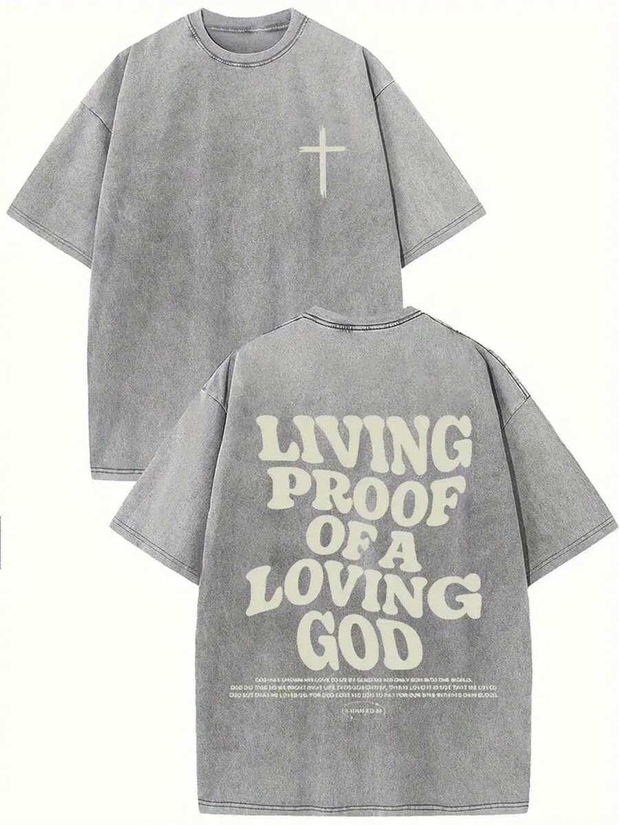 1 camiseta vintage de algodón lavado con el estampado inspirador "Una prueba viva del amor por Dios", ropa urbana unisex, gris con letras blancas, cuello redondo, cómoda para todas las estac
