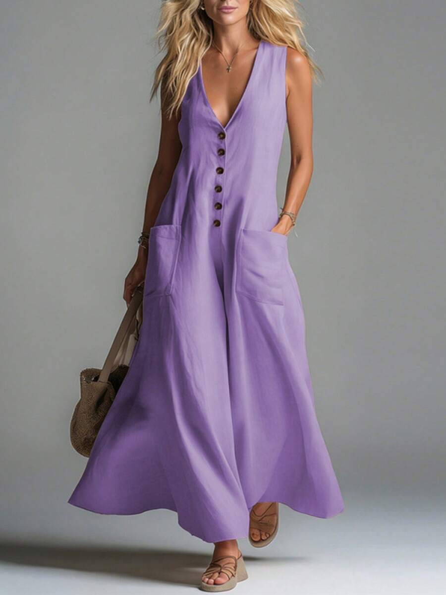 Vestido nuevo de primavera-verano para mujer, estilo casual, unicolor, escote V profundo, bolsillos de parche, diseño favorecedor, perfecto para looks de día, paseos y ocasiones informales - Morado - Ver 1