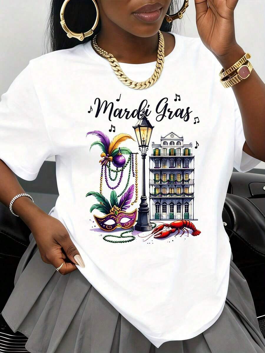 Camiseta Gras Party con diseño de escena callejera de Nueva Orleans, máscara, cuentas y cangrejo de río, top casual para mujer. - Blanco - Ver 1