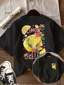 Fashionable Women's Casual T-Shirt With A Double-Sided Print, Suitable For Both Spring And Summer, Featuring A Fresh Lemon Floral Design, Round Neck, And Short Sleeves - Unisex Loose-Fitting Cotton T-Shirt In An Urban Vintage Style With A Round Neck And Short Sleeves. Soft - 黑色 - 查看 7