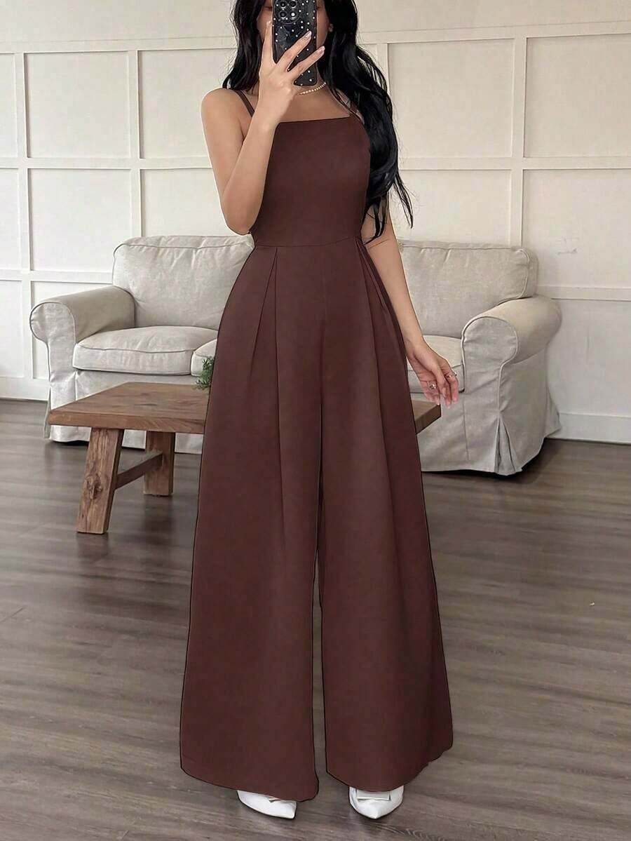 de pierna ancha holgado con pliegues plegados de unicolor para uso casual y diario de verano para mujeres - Marrón - Ver 1