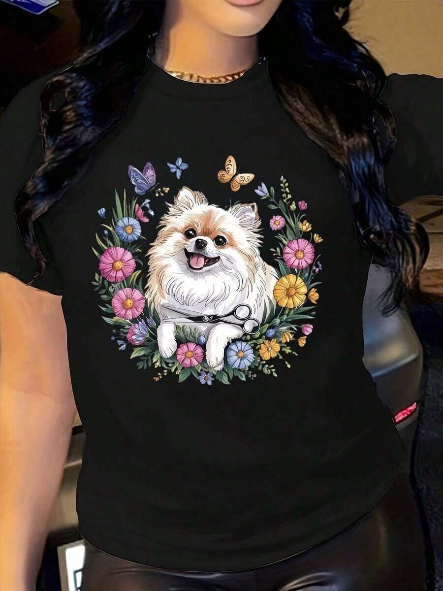 Women's 180g T-Shirt With Pomeranian And Wildflower Print, Round Neck, Short Sleeve With Multicolor Butterfly Pattern, Machine Washable, Comfortable Top For All Seasons, Women's Clothing - 黑色 - 查看 1