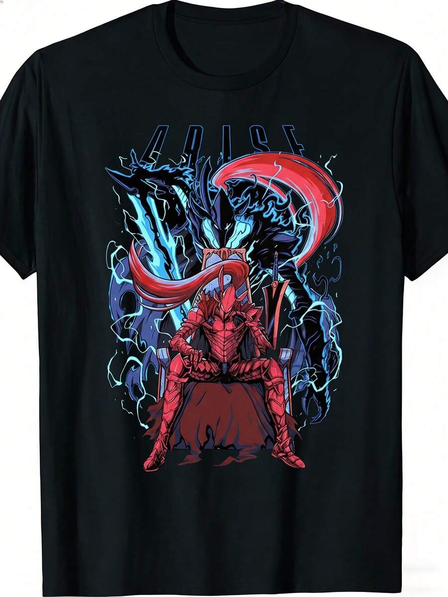 Una camiseta de manga corta para mujer, moderna, a la moda, retro, holgada, suave y cómoda, adecuada para actividades al aire libre en primavera y verano, y una camiseta de guerrero dragón para hombre - camiseta retro de cuello redondo y corte holgado, con un diseño de armadura roja, rayos azules y una espada, adecuada para entusiastas de los videojuegos y la fantasía, moda urbana, uso casual diario, lavable a máquina con impresión digital.blusas para mujer,blusas casuales para dama,tops,, mujer premium,y2k,playeras de mujer curvy,ofertas y liquidaciones ropa mujer,playeras deportivas para mujer,,playeras de hombre, mujer,blusas>elegante LBOI - Negro - Ver 1