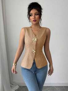Blusa exterior con cuello en V ajustada con decoración de botones dorados con rosas - Naranja - Ver 6